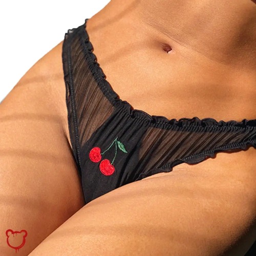 Cherry Embroidered Black Panties - Black / XS / 1pc