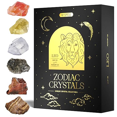 Wyspell Leo Crystal Set - 6 Raw Leo Crystals and Healing Stones - Leo Zodiac Gifts for Women - Leo Healing Gifts - Birthday Gifts for Women - Astrology Gifts for Women - Zodiac Crystal Set - Leo