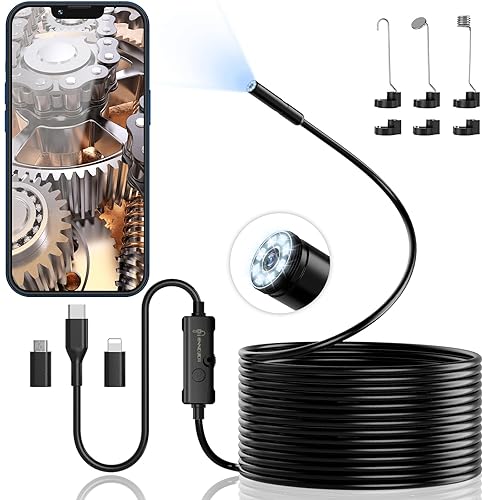 Endoscope Inspection Camera, Ennovor 1920 HD Flexible Rigid Snake Camera, 8 LED Lights No WiFi Snake Camera Waterproof IP67 Tube Sink Pipe Drain Camera for Android iOS Tablet Samsung (16.4 ft/ 5m) - W400E