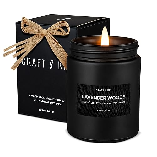 Craft & Kin Lavender and Wood Premium Holiday Candles | Fall Scented Candles for Men | Soy Candles | Christmas Candles | Lavender Candles for Home | Long Lasting Candles with 45 Hour Burn Time- 7.6oz - Lavender Woods - Black Jar - 7.6oz