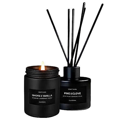Craft & Kin Scented Candle & Reed Diffuser Set for Home Fragrance | Lavender Woods Scented Candle for Men and Fragrance Diffuser | Soy Candles for Home Scented Reed Diffusers with Sticks - Fusion of Scents Set - Gift Sets