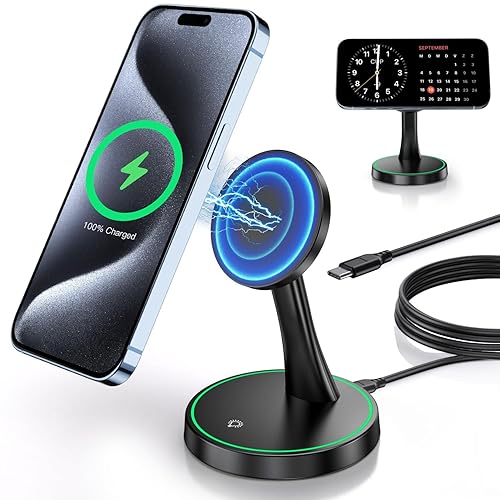 Mag-Safe Charger Stand Compatible,15W Fast Wireless Charger for iPhone 16/iPhone 15/14/13/12 Series Magnetic Wireless Charging Station with Controllable Sleep-Friendly Light for AirPods 3/Pro/Pro 2 - Black Magnetic Charger Stand