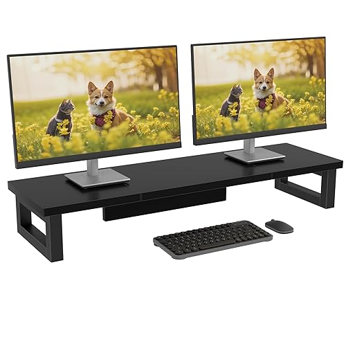 OYRREU Dual Monitor Stand, 91x26cm Monitor Stand Monitor Riser, Double Monitor Stand for Desks Shelf, Laptop PC Computer Screen Monitor Stand Desktop Organiser for Working, Black - Black - 91x26x12.5cm