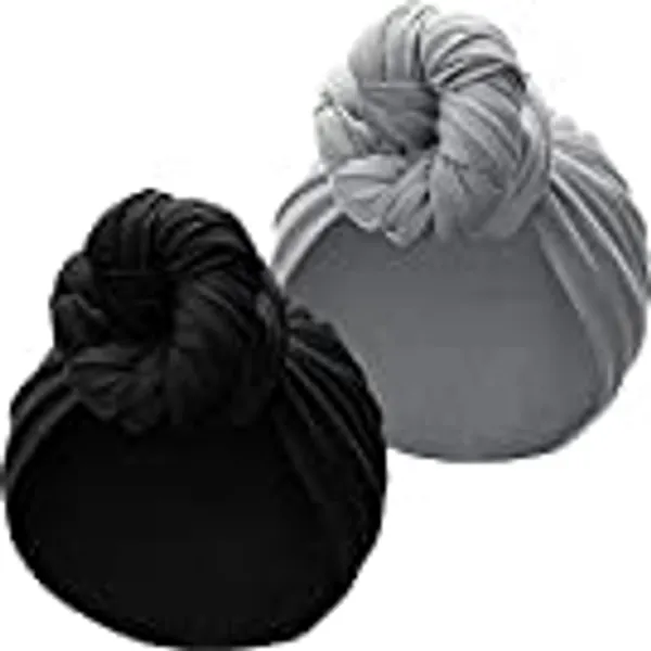 2 Pieces Stretch Head Wrap Scarf Stretchy Turban Long Hair Scarf Wrap Solid Color Soft Head Band Tie for Women (Black, Grey)