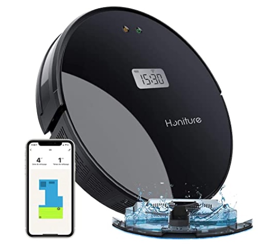 HONITURE Q5, 2-in-1 Robot Vacuum and Mop Cleaner with XL-600ml Dustbin, 2000Pa, 100mins Runtime, LCD Display, Voice & APP Control, Self-Charging Robotic Vacuum, Ideal for Pets, Black - 13"L x 13"W x 7"H - Black