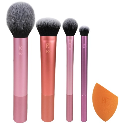 REAL TECHNIQUES,5 Count (Pack of 1) Everyday Essentials Makeup Brush Complete Face Set (Miracle Complexion Sponge, Expert Face, Blush, Setting and Deluxe Crease Brushes)