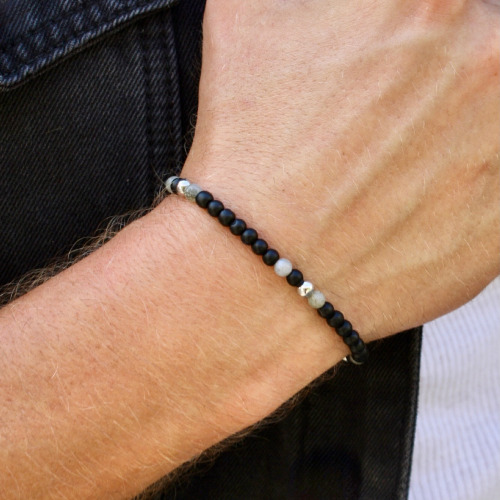 Onyx + Labradorite Stretch Bracelet - 8"