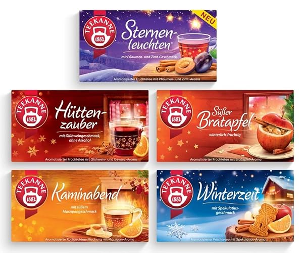 Teekanne Wintertee 5er Pack, Sternenleuchten, Hüttenzauber, Süßer Bratapfel, Kaminabend und Winterzeit, je 20 Teebeutel (240 g) - 20 Stück (5er Pack)