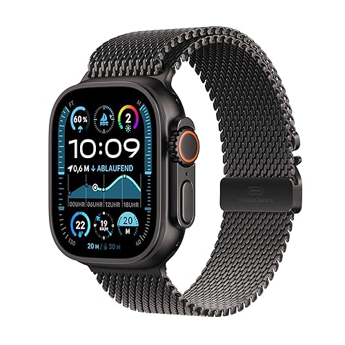 Apple Watch Ultra 2 (GPS + Cellular 49 mm) Smartwatch, Sportuhr mit Titangehäuse in Schwarz und Milanaise Armband in Titan Schwarz (S). Fitnesstracker, präzises GPS, Actiontaste, CO₂ neutral - Schwarz - Small - Armband für 130-160 mm Umfang - Milanaise Armband - Titangehäuse Schwarz