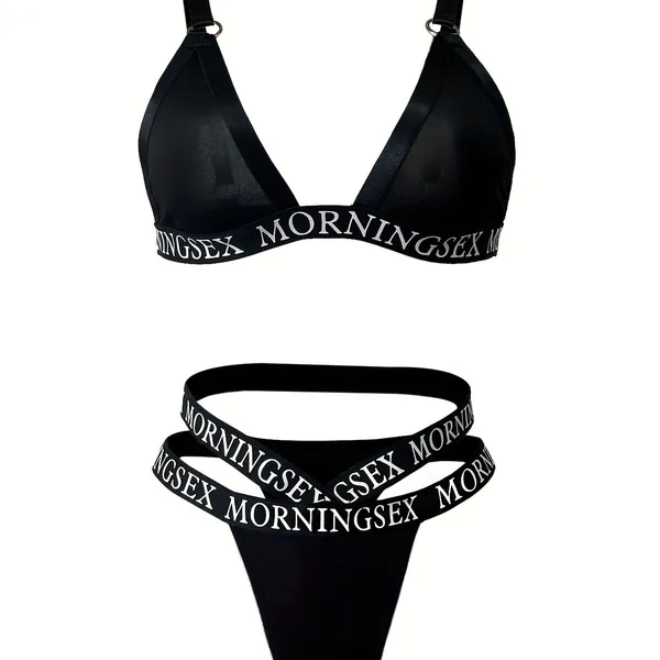 Deep V Letter Pattern Spaghetti Straps Backless Lingerie Set, Intimates Bra &amp; Thong, Women's Sexy Lingerie &amp; Underwear