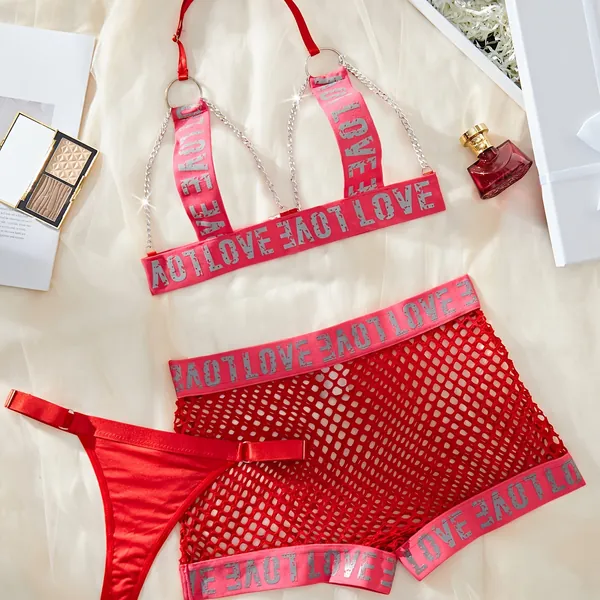 Hot Letter Print Lingerie Set, Halter Chain Hollow Out Top &amp; Fishnet Boyshorts &amp; Thong, Women's Sexy Lingerie &amp; Underwear
