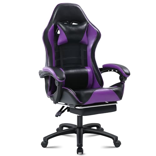 Video Game Chair for Adults, Computer Chair Gaming Chairs for Kids, Adjustable Lumbar Pillow Headrest Office Desk Chair Gamer Chair with Footrest, Purple - Large - L-purple