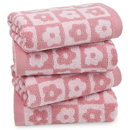 Jacquotha Cotton Hand Towels Pink Checkered Floral - Quick Drying Hand Towel Set of 4, for Women Girls Wife Mom Daughters, 29” x 13” - Pink