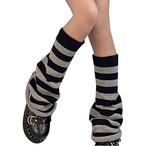 JUENAWMIU Women Girl Flared Leg Warmers Striped Knit Socks Over Knee Wide Leg Warm Knitted Pile Socks Elephant Socks - One Size - Grey