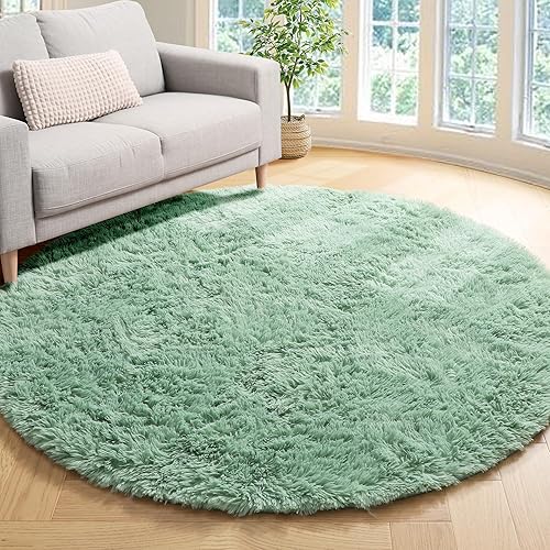 ONASAR Sage Green Round Area Rug 4ft, Soft Bedroom Circle Rugs for Kids Girls Teen Room, Cute Furry Plush Shaggy Carpet for Baby Nursery Living Room Playroom Home Decor Princess Castle - 4x4 Feet - Sage Green
