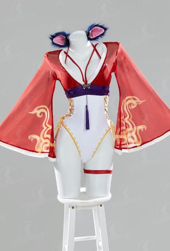 Ahri Derivative One Piece Swimsuit Cross Straps One Piece Bathing Suit with Chiffon Cover-up and Ears