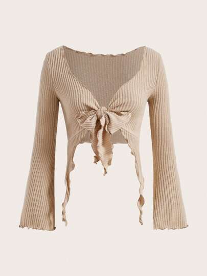 SHEIN ICON Tie Front Lettuce Trim Flounce Sleeve Top