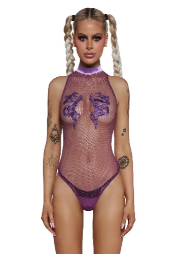 Bad Luck Dragon Fishnet Bodysuit - Purple
