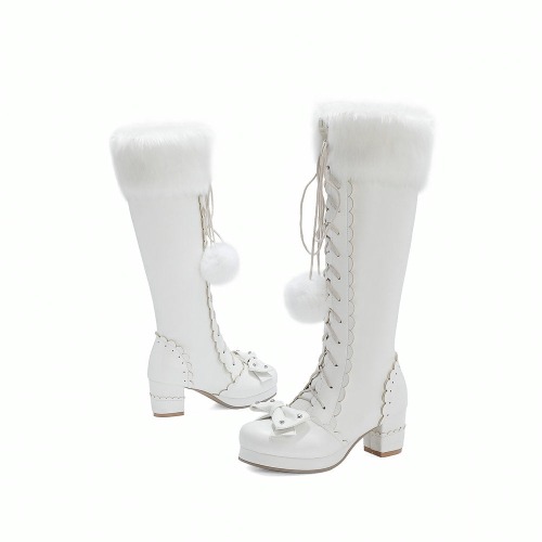 Bow Fur Knee High Boots - White / 12