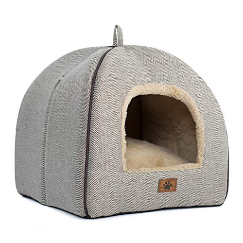 WINDRACINGKatzenbett für Indoor-Katzen, Katzenhöhle, Katzenzelt mit abnehmbarem, waschbarem Kissen, weich und selbstwärmend, Katzennest, Haustierbett, windabweisend, Größe L, - Large - Beige