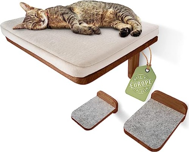 WOOWOOD® Kletterwand Katzen inkl. 2X Katzentreppe Wand [aus Europa] I Kratzbaum Wand I katzenhängematte I Katzen Wand Klettern I Katzenwand I Wandkratzbaum I Katzenmöbel I Katzen Kletterwand - Walnuss-Farbe