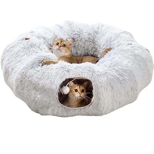 One PETS-TOP Katzentunnel Rund Mit Schlafplatz, Katzentunnel XXL Große Katzen, Rascheltunnel Für Katzen, Katzen Tunnel XXL Ultra weiche Runde Donut Form mit Spiel