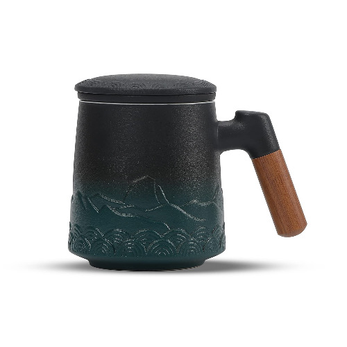 ZENS Teetasse mit Teesieb und Deckel, 500ml Große Gradienten Geprägtem Losen Teebecher, Palisandergriff Keramik Teetassen für Geschenke, Schwarz und Grün - 02-schwarz und Grün