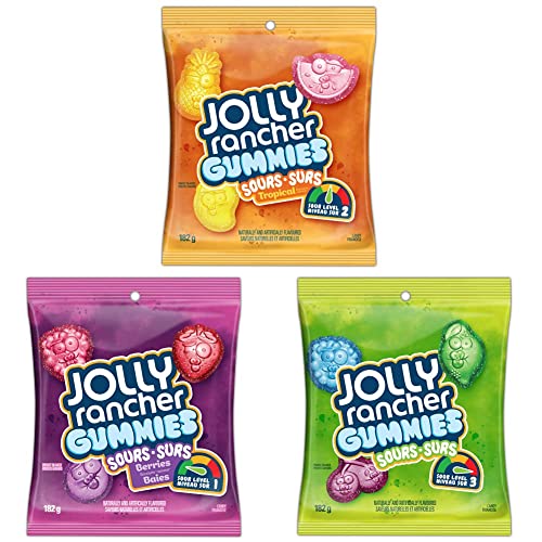 Jolly Rancher Sour Gummy Candy - 3-Pack Bundle Includes (1) Sour Tropical, (1) Sour Berry, & (1) Sour Original Flavour, 182 gram bags - Bundle