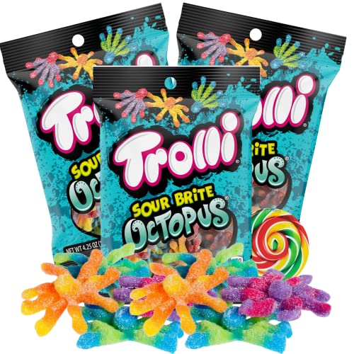 Trolli Sour Brite Octopus Gummy Candy, Individually Bagged Fruit Flavored Gummies, Fun Shaped Candies for Kids Birthday Parties, Pack of 3, 4.25 Ounces