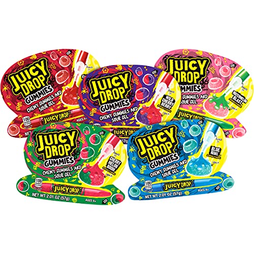 Juicy Drop Gummies Candy, Sweet Gummies & Sour Gel Pen, Variety Pack Assorted Flavors (Pack Of 16) - Fun Candy for Summer Parties, Barbeques & 4th Of July - Juicy Drop Gummies w Sour Gel Pen