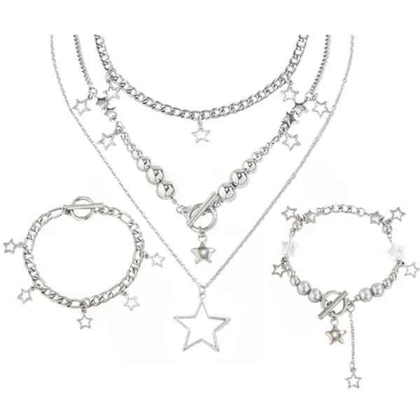 2 Pieces Silver Star Necklace Y2K Jewelry Set Grunge Necklace Kawaii Cute Necklaces Aesthetic Vintage Emo Jewelry