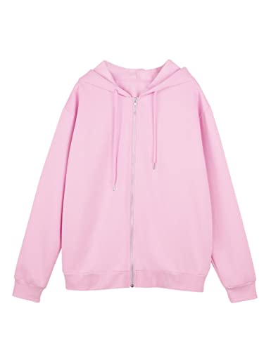 Meladyan Women Oversized Solid Zip Up Hoodie Drawstring Hooded Long Sleeve Fleece Vintage Sweatshirts Jackets Pockets 90s - Medium - Pink