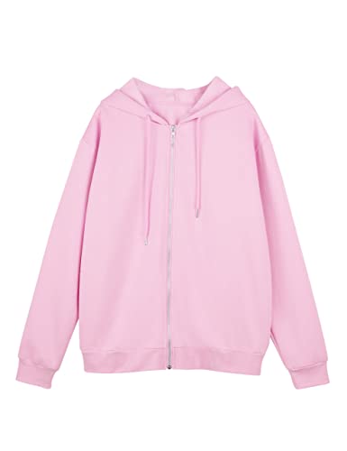 Meladyan Women Oversized Solid Zip Up Hoodie Drawstring Hooded Long Sleeve Fleece Vintage Sweatshirts Jackets Pockets 90s - Medium - Pink