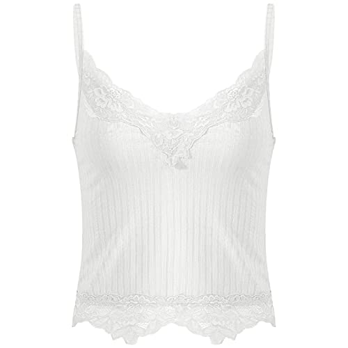 ACSUSS Lace Patchwork Crop Top Y2k E Girls Clothes Fairy Grunge Style Cropped Tees Cami Ribbed Knitted Tank Tops - Medium - White #1