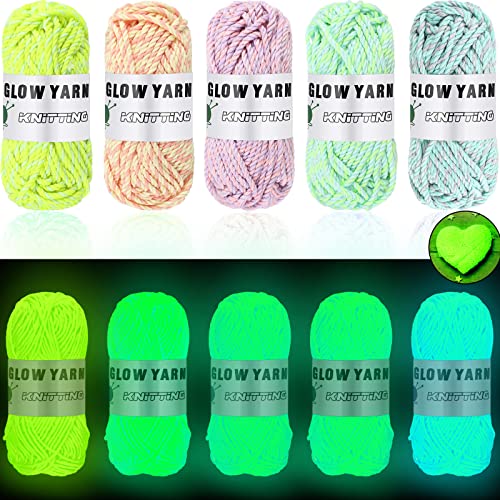 5 Rolls Glow in The Dark Yarn Luminous Crochet Yarn for Halloween Crocheting DIY Knitting Glow Fingering Weight Yarn for Arts Crafts Sewing Thread Party Supplies, 54.7 yd Per Roll (Mixed Colors) - Mixed Colors