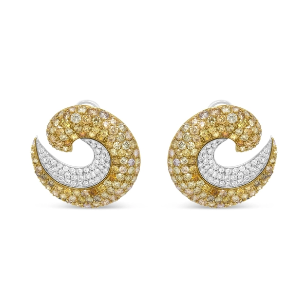 18K Yellow Gold 18.0 Cttw Mixed Fancy Color Pave-Set Diamond Double Swirl Hoop Earrings (Mixed Color, VS2-SI1 Clarity)