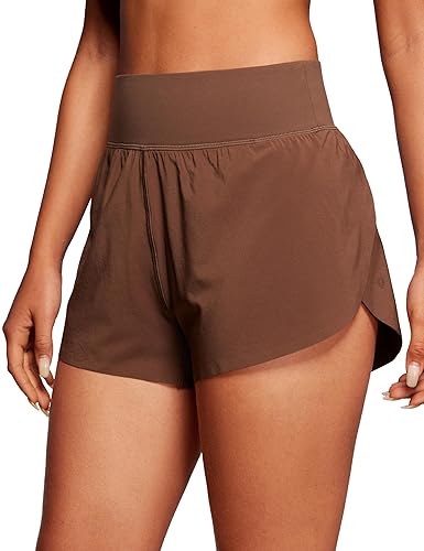 CRZ YOGA High Waisted Dolphin Athletic Running Shorts for Women 3" High Split Comfy Mesh Liner Gym Workout Track Shorts - Small - Coffee Brown