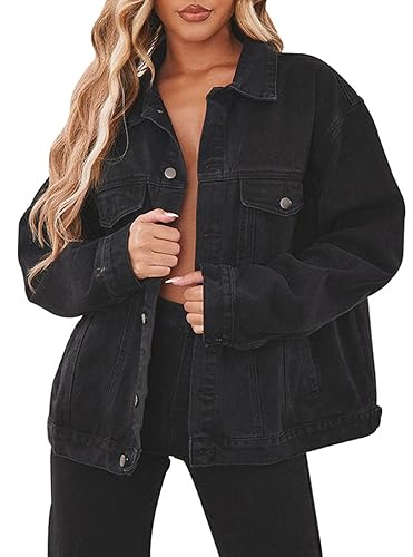 Jean Jacket for Women Distressed Long Sleeve Oversized Denim Trucker Jackets Coat - Small - Nblack11862