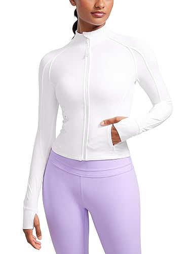 CRZ YOGA Butterluxe Womens Cropped Slim Fit Workout Jackets - Weightless Track Athletic Full Zip Jacket with Thumb Holes - X-Small - White