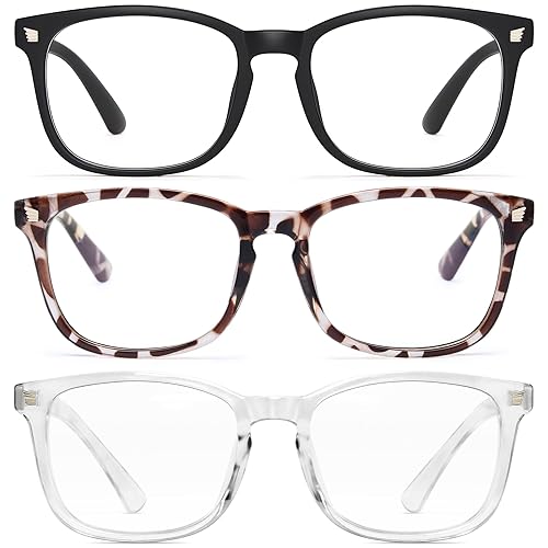 Stylish Blue Light Glasses for Woman - Computer Glasses 99% Blue Light Blocking  - Lightweight TR90 Frames - 3 pack - A1 Matte Black+leopard+transparent - Clear