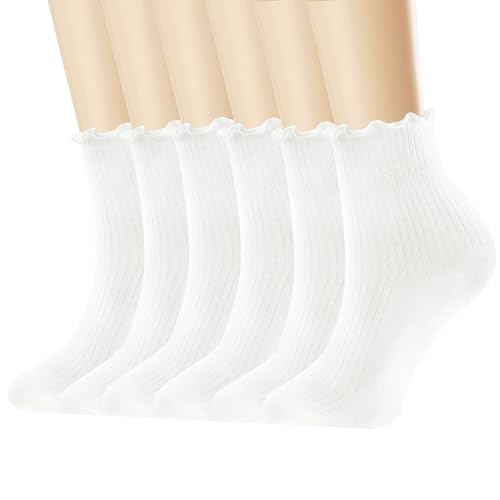 DQCUTE Women's Ruffled Socks,Cute Ankle Boot Frilly Socks Soft Knit Cotton Lettuce Trim Crew Socks for Teen Women 6 Pairs - 6-white Color - 5-9