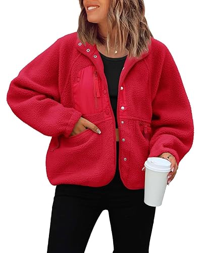 ReachMe Womens Sherpa Jacket Casual Lapel Button Down Cropped Fuzzy Fleece Jackets Long Sleeve Winter Coats with Pockets - 4 Red - Medium