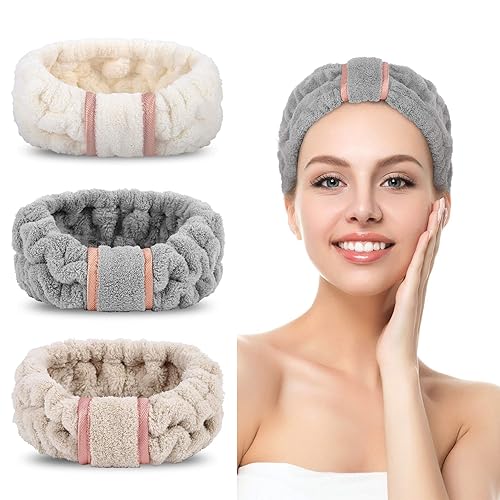 DOOBO 3 Pack Spa Headbands Microfiber SkinCare Face Wash Headband Facial Headband Makeup Towel Headbands for Women for Washing Face(White, Gray, Khaki) - White, Gray, Khaki
