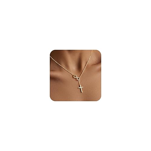 Poxtex Gold Necklace for Women, Dainty Infinity Cross Pendant Necklace, Non Tarnish & Waterproof Jewelry for Everyday Wear, Simple Trendy Choker Minimalist Jewelry, Faith Christian Cross Gifts - Gold Infinity Cross Necklace