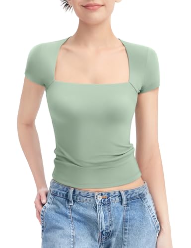 PUMIEY Women's Square Neck Going Out Tops Sexy Slim Fit Short Sleeve T Shirts Smoke Cloud Pro Collection - Sage - Medium