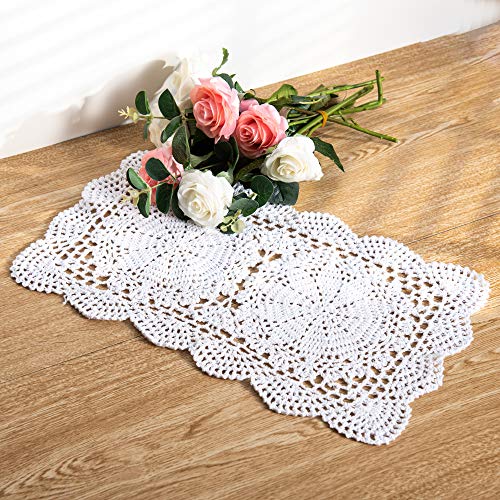 Eiyye 2-Pieces Handmade Cotton Crochet Doilies Lace Table Placemats 10.5 x17 Inch Rectangle (White) - White