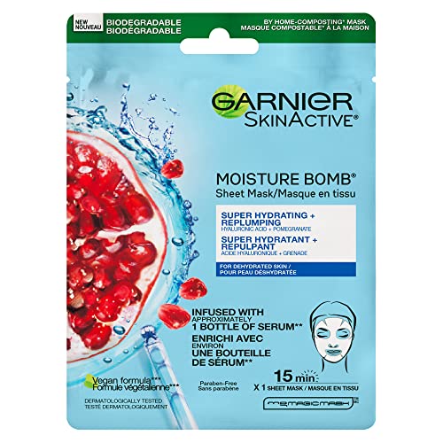 Garnier Beauty Face Mask, Replumping Skin Care for Dehydrated Skin, Hyaluronic Acid + Pomegranate, 1 Tissue Mask (32mL) - For Dehydrated Skin