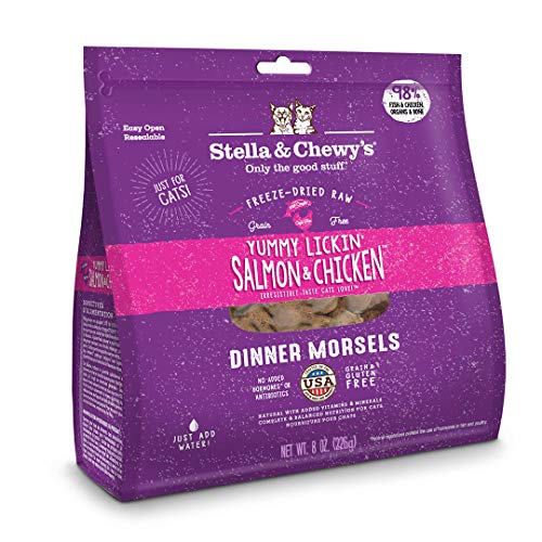Stella & Chewy's Freeze-Dried Raw Cat Dinner Morsels Grain Free, Protein Rich Cat & Kitten Food Yummy Lickin Salmon & Chicken Recipe 8 oz Bag