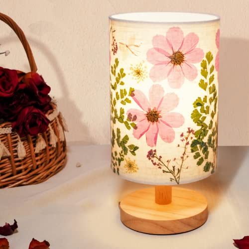 Floresita Dried Flowers Table Lamp 5W LED Pressed Flower Bedside Lamp Linen Shade Table Lamp with Wood Base for Bedroom Living Room Desk Office