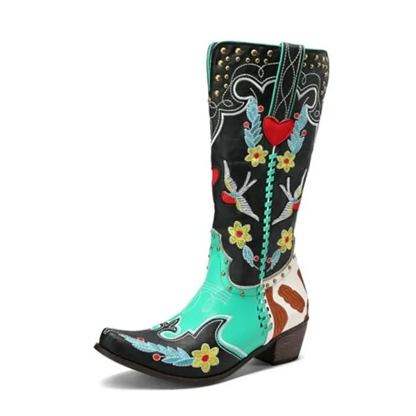 ZhiQin Women Embroidered Western Cowboy Boots Knee High Tall Pointed Toe Chunky Heel Wide Calf Cowgirl Boots